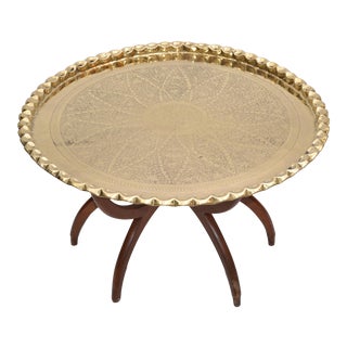 Mid-Century Modern Round Walnut Spider Leg & Bronze Moroccan Tray Coffee Table For Sale