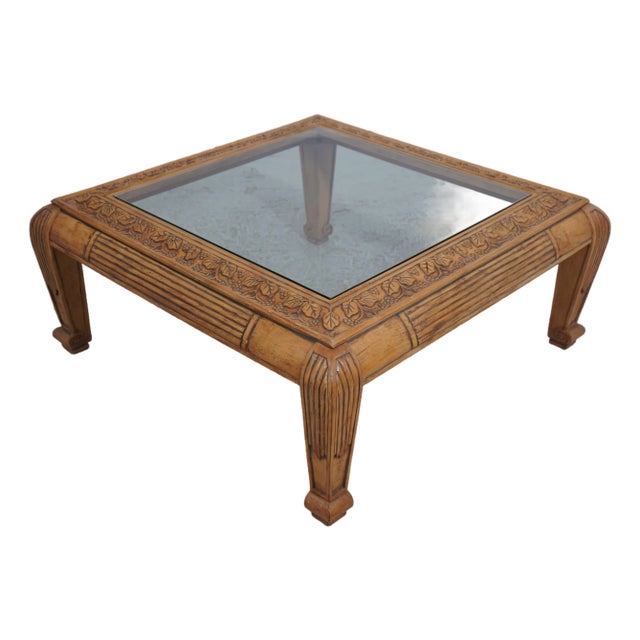 Glass & Carved Wood Square Cocktail Coffee Table For Sale