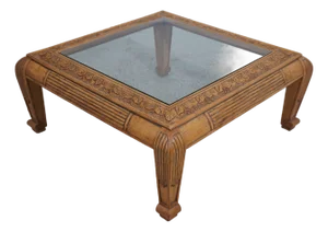 Glass & Carved Wood Square Cocktail Coffee Table