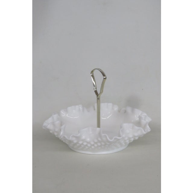Mid-Century Modern Mid 20th Century Fenton White Milk Glass Ruffled Edge Hobnail Candy Dish With Metal Handle For Sale - Image 3 of 14