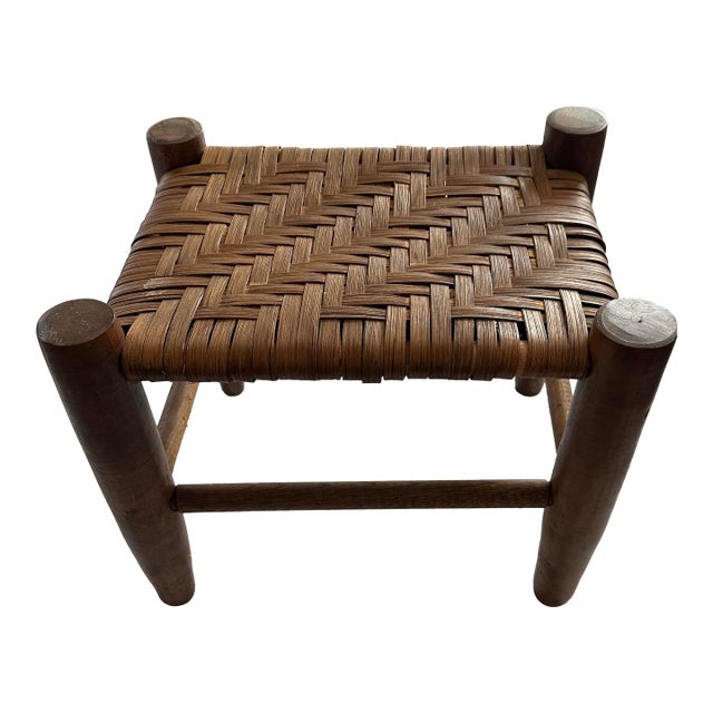 Vintage Rustic Woven Wood Stool For Sale