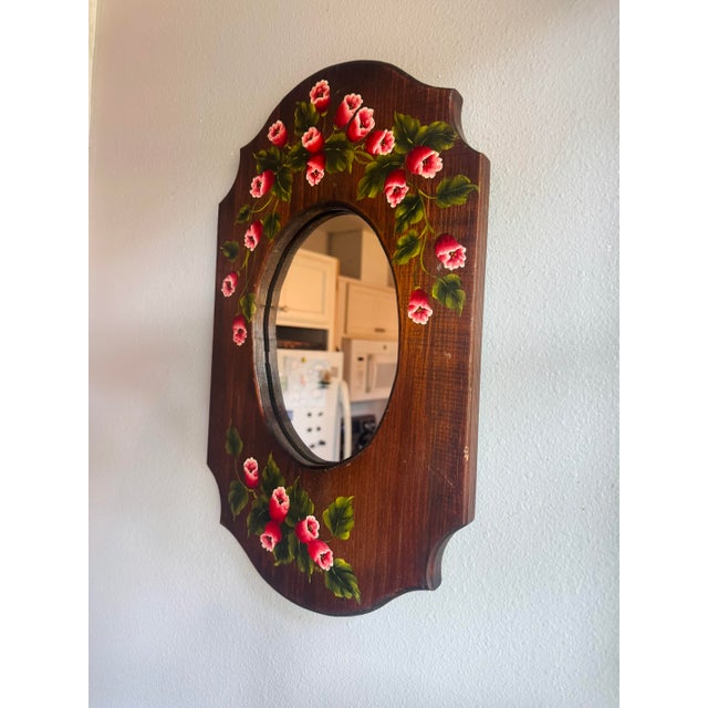 Vintage Hand Painted Floral Wood Wall Mirror Folk Art Pink Flowers For Sale - Image 4 of 9