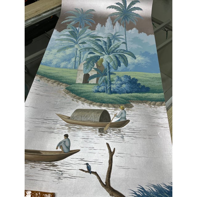 Boho Chic Hand Painted Vintage Tropical Riverside Scene Panoramic Mural Panels For Sale - Image 3 of 3