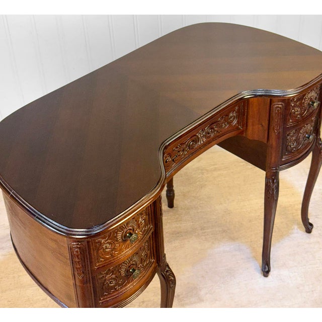 Brown Vintage French Mahogany Carved Kidney Writing Vanity Desk For Sale - Image 8 of 12