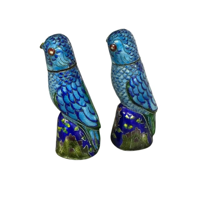 Pair of cloisonné bird jars — beautifully crafted with intricate enamel designs featuring colorful birds and floral...