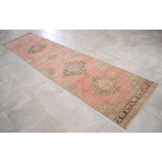 Long Turkish Hallway Runner 3x13, Muted Pink and Green Oushak Rug, Hand Knotted Vintage Runner, Mid-Century Entryway Rug For Sale - Image 9 of 15