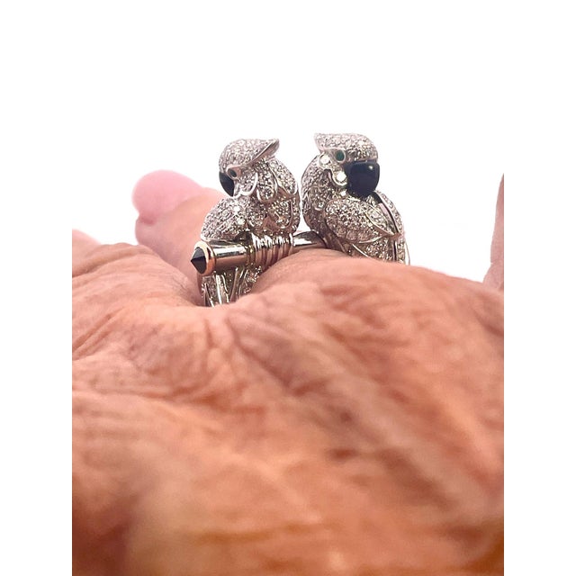 18k Gold Double Parrot Cocktail Ring With Diamonds and Onyx, France, Size 6.5 For Sale - Image 10 of 12