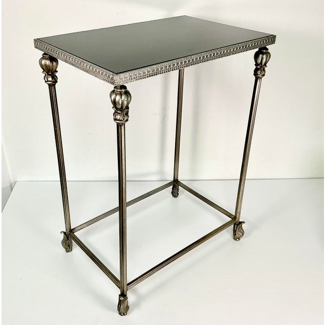 1970s Vintage Hollywood Regency Italian Neoclassical Black Marble Top Metal Side Table For Sale - Image 15 of 16