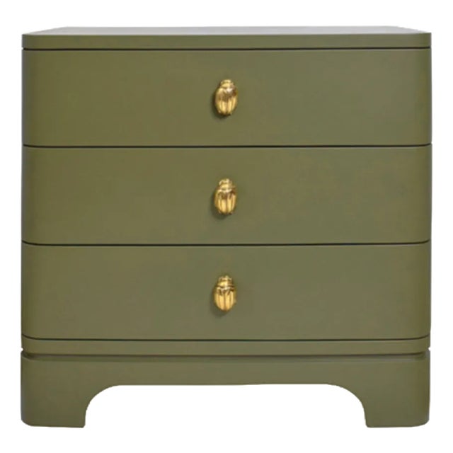 Matthew Izzo Home Fortune Olive Matte Lacquer Three Drawer Side Table With Brass Beetle Knobs For Sale