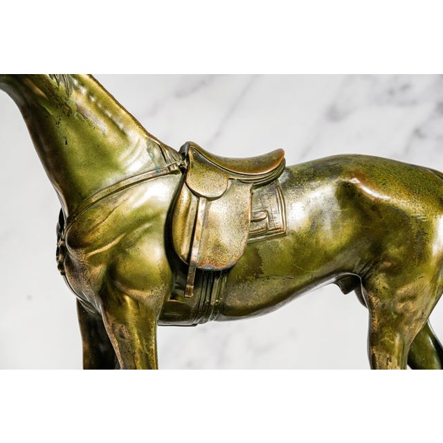 Stately Large Equestrian Antique Saddled Horse Statue Sculpture Cast Metal Marble Base Country Home Decor For Sale - Image 11 of 16
