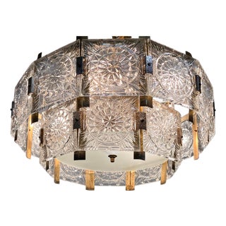 Mid-Century Glass and Brass Chandelier by Jaroslav Bejvl for Kamenicky Senov, 1970s For Sale