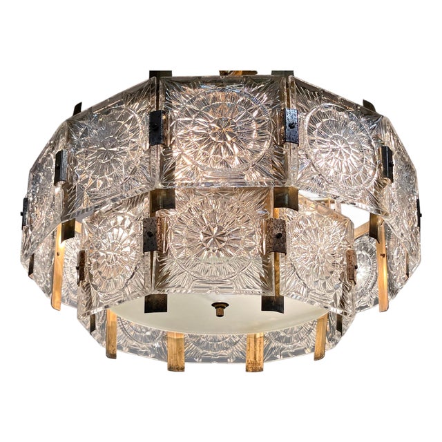 Mid-Century Glass and Brass Chandelier by Jaroslav Bejvl for Kamenicky Senov, 1970s For Sale