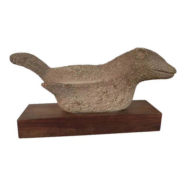 Vintage Modernist Ceramic Porcelain Bird Sculpture Mounted on Wooden Plinth For Sale