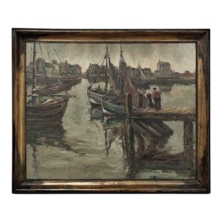 Antique Framed Oil Painting on Canvas by A. Sengier (1886-1964) 'Sailboats at the Quay' For Sale
