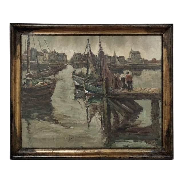 Antique Framed Oil Painting on Canvas by A. Sengier (1886-1964) 'Sailboats at the Quay' For Sale