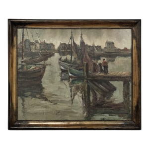 Antique Framed Oil Painting on Canvas by A. Sengier (1886-1964) 'Sailboats at the Quay'