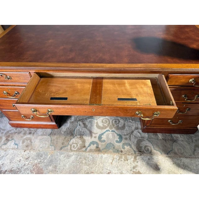 19th Century Large Size Antique English Geogra Style Oak Leather Top Double Pedestal Partner Executive Desk For Sale - Image 11 of 18