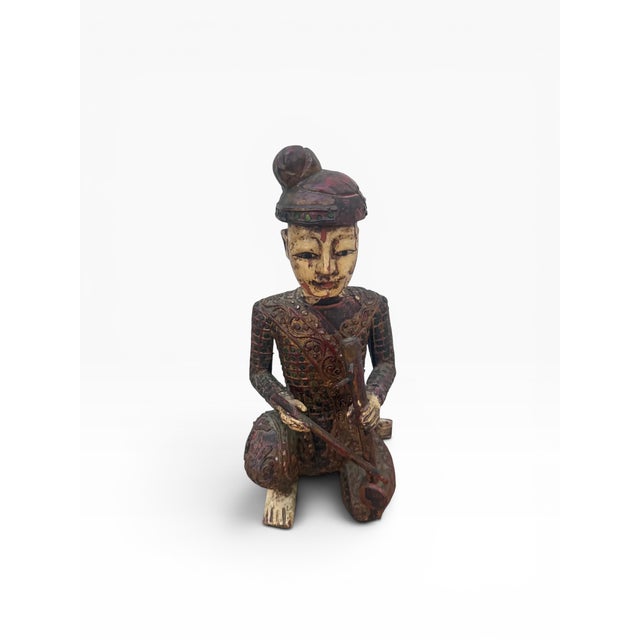 Wood Mid 20th Century Hand-Carved Chinese Wooden Figural Sculpture of Seated Musician Holding Musical Instrument For Sale - Image 7 of 14