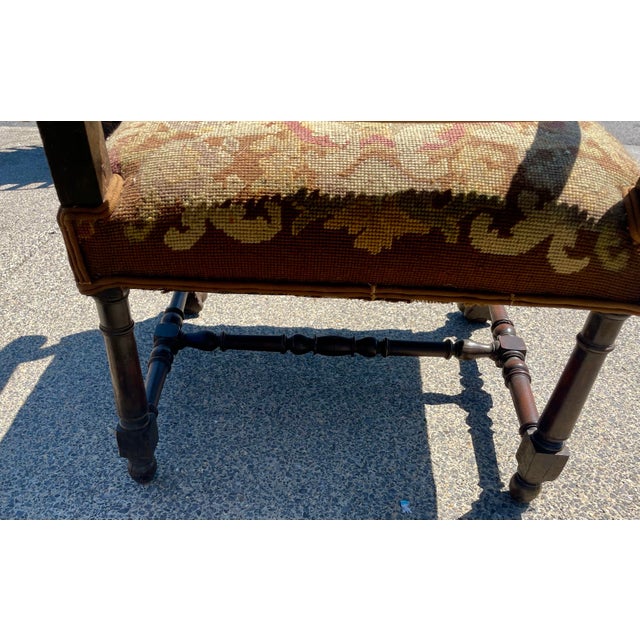 Late 19th Century Victorian Carved Wood Distressed Needlepoint Armchair Tall Back Throne Chair For Sale - Image 6 of 12