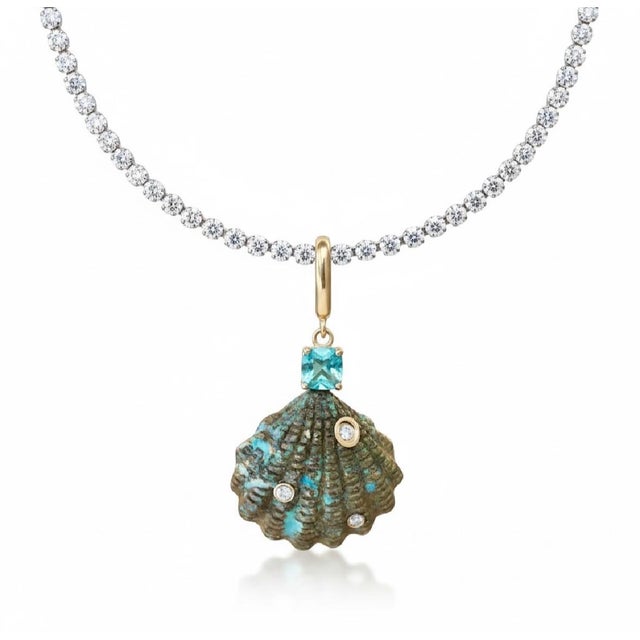 Epic Australian Opal Shell Pendant With Diamonds, Emerald & 14k Gold For Sale - Image 4 of 10