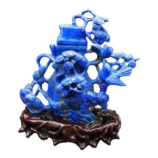 Vintage Chinese Lapis Lazuli Blue Carving Magpies Lotus Blossoms Display Snuff Box For Sale