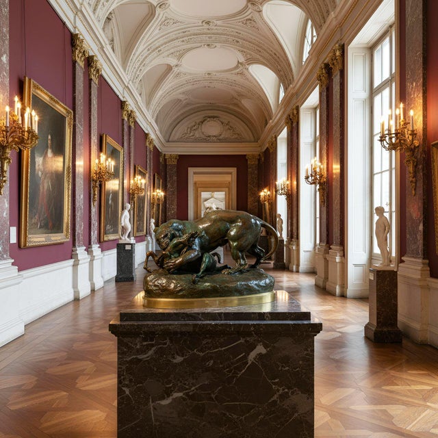 ANTOINE-LOUIS BARYE French, 1796-1875 "Tigre Surprenant une Antilope (terrasse sans profil)" (1862) Green, brown and red...