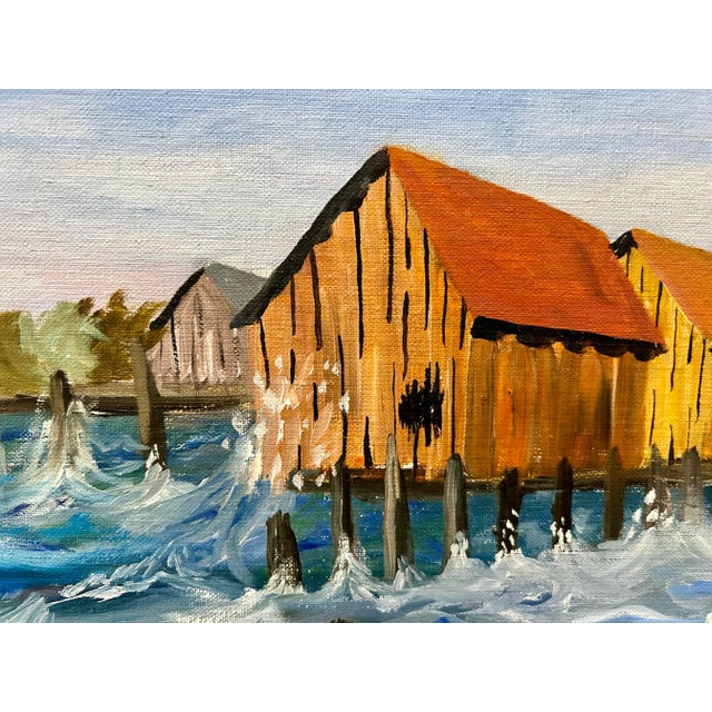 Royal Blue Vintage Nautical Harbor Fishing Shacks Oil Painting, Framed For Sale - Image 8 of 11