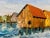 Royal Blue Vintage Nautical Harbor Fishing Shacks Oil Painting, Framed For Sale - Image 8 of 11