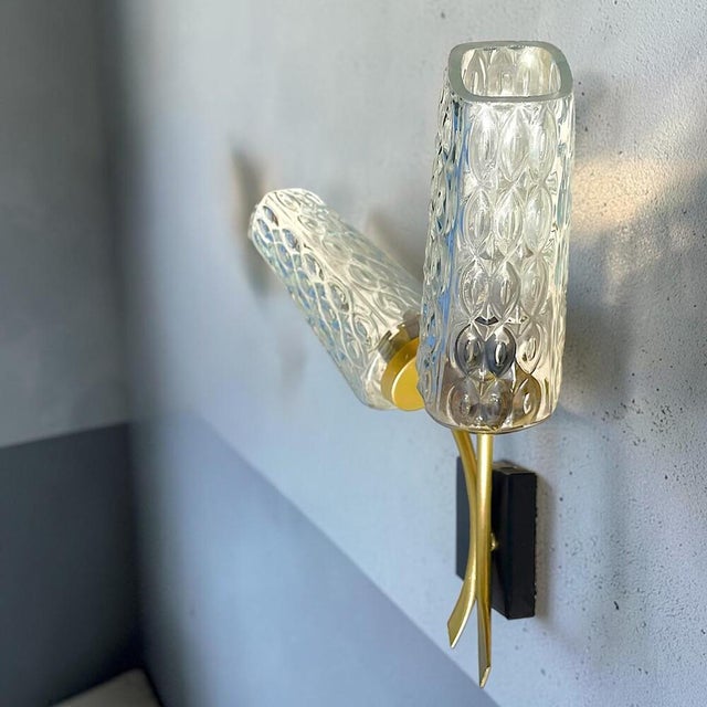 1950s Mid-Century Modern Brass and Textured Glass Double Wall Sconce, 1950s For Sale - Image 5 of 14