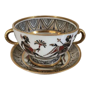 Early 19th Century Italian Naples Giustiniani Porcelain Snake Handled Egyptian Revival Cup & Saucer - 2 Pieces