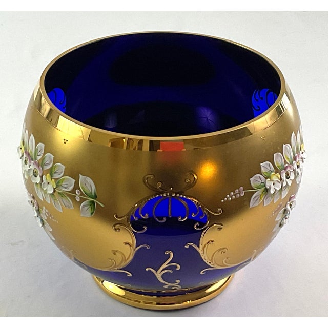 Early 20th Century Bohemian-Hand Blown and Cut, Cobalt Blue, 24 Karat Gold Encrusted Punch Bowl Set- With Enameled Three Dimensional Flowers - 15pcs For Sale - Image 4 of 11