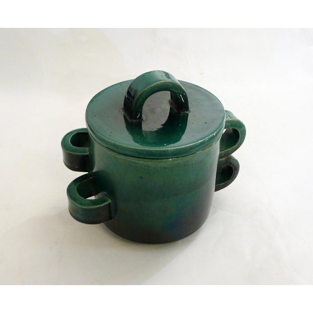 Large mid-century covered pot (candy jar, pickle jar, compost bin, etc.), cylindrical body with double openwork handles...