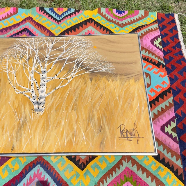 Large mid century modern painting on canvas. Just over 4 ft wide and 3 ft tall. Framed, but could probably use a new...