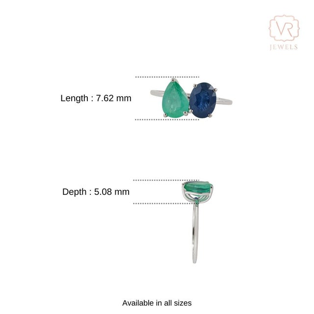 Contemporary 2.66ct Emerald & Blue Sapphire Toi Et Moi Ring in 14k Gold Size 6 For Sale - Image 11 of 16