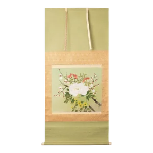 Post-1940 Showa Japanese Silk Scroll Painting "Peony Flower and Sakura"