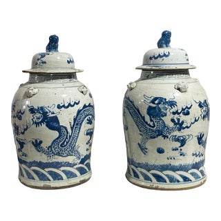 Large Chinoiserie Dragons Ginger Jars Pair For Sale