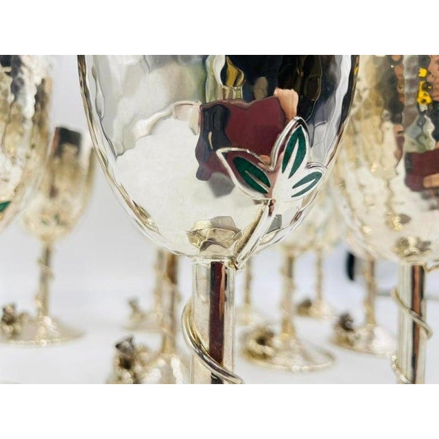 1980s Set of 8 Silver Plated & Crushed Emerald Wine/Water Goblets by Emilia Castillo For Sale - Image 11 of 18