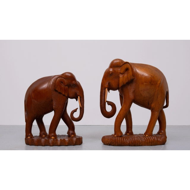 Large Carved Teak Elephant Statue Together with a Smaller Elephant, 1950s, Set of 2 For Sale - Image 11 of 11
