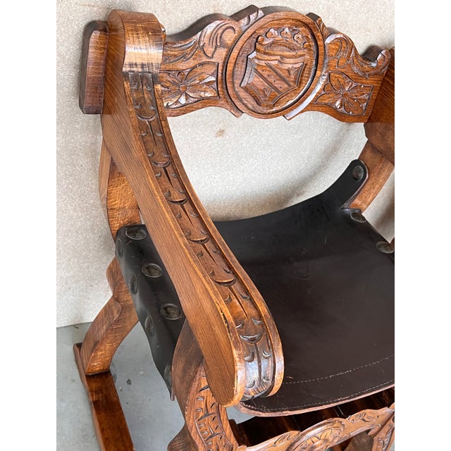 Mid 19th Century 19th Pair of Carved Walnut Leather Savonarola Bench or Settee For Sale - Image 5 of 13
