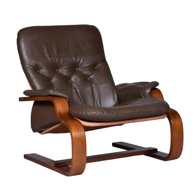 Pair of Brown Leather Scandinavian Cantilever Bentwood Sling Chairs For Sale - Image 6 of 13