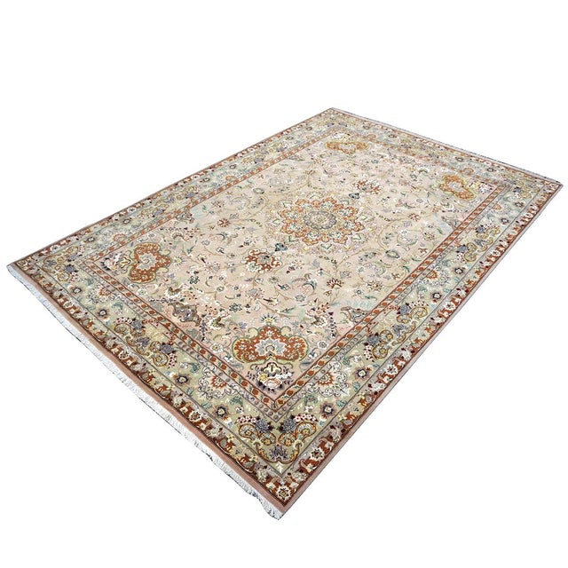 Persian Vintage Persian Tabriz Wool & Silk 6x9 Mauve & Green Handmade Area Rug #1144055 For Sale - Image 3 of 12