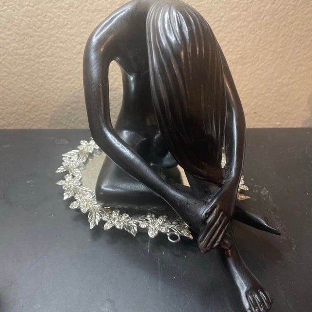 Gorgeous 1985 Austin Sculpture Black Nude Kneeling Lady with Long Tresses