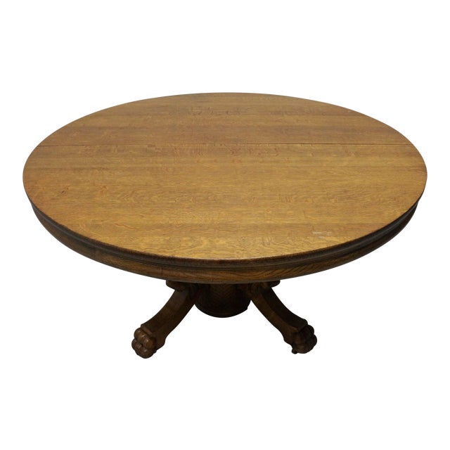Antique Round Quartersawn Tiger Oak Dining Table With Paw Feet Chairish
