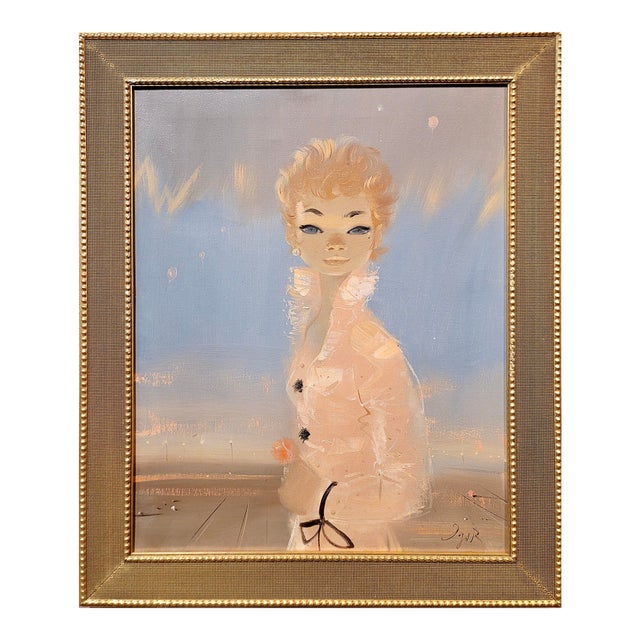 Igor Pantuhoff -Portrait Red Haired Girl W/Big Eyes & a Pink Jacket-1960s Oil Painting For Sale