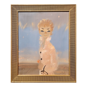 Igor Pantuhoff -Portrait Red Haired Girl W/Big Eyes & a Pink Jacket-1960s Oil Painting