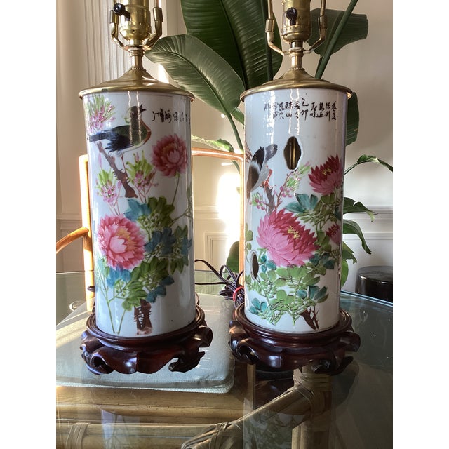Chinese Vintage Chinese Porcelain Bird and Floral Table Lamps - a Pair For Sale - Image 3 of 5
