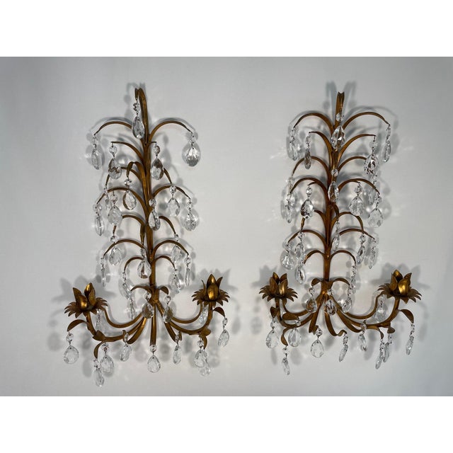 Metal Vintage 19.5" Italian Tole and Crystals Candle Sconces - A Pair For Sale - Image 7 of 17
