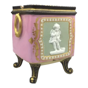 1920's Antique Art Deco Period Henri Ardant Limoges Pate Sur Pate Square Pink/ Gold/ Black Cache Pot