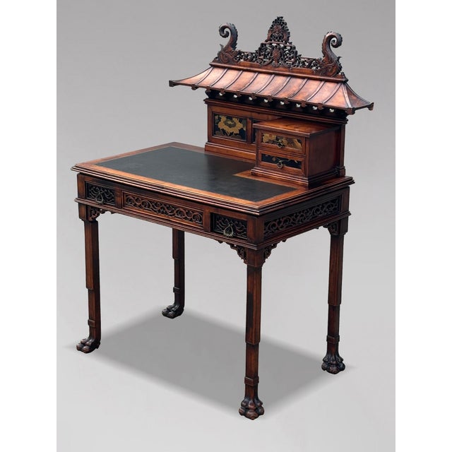 Brown Chinese Chippendale Carved Pagoda Top Writing Table, 1880s For Sale - Image 8 of 16