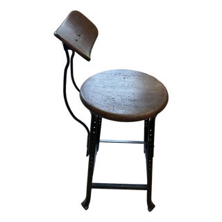 Vintage Adjustable Industrial Stool – Mid‑Century Wood & Cast Iron Shop Seat – Rustic Factory Decor For Sale